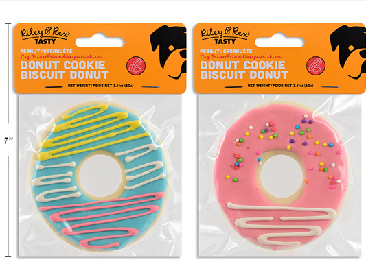 Carton of 24 Cookie Donut Dog Treat. 60g. Peanut Flavour. 2 Cols. pbh.