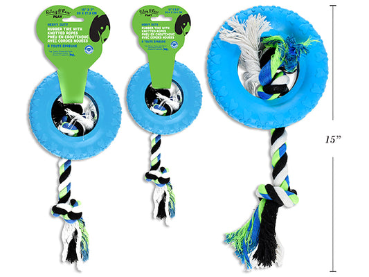 Carton of 6 Heavy Duty Rubber Tire w/Knotted Rope Dog Toy. 2 Asst.Sizes. Wrap Header.