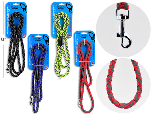 Carton of 12 4ft x 0.55in Reflective Braided Polyester Dog Leash - Large. 4 Asst.Colours. T.o.c.