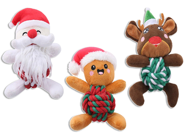 Carton of 12 Xmas Squeaky Plush w/Rubber Bone Dog Toy. 2 Asst.: Reindeer / Gingerbread Man. h/c.
