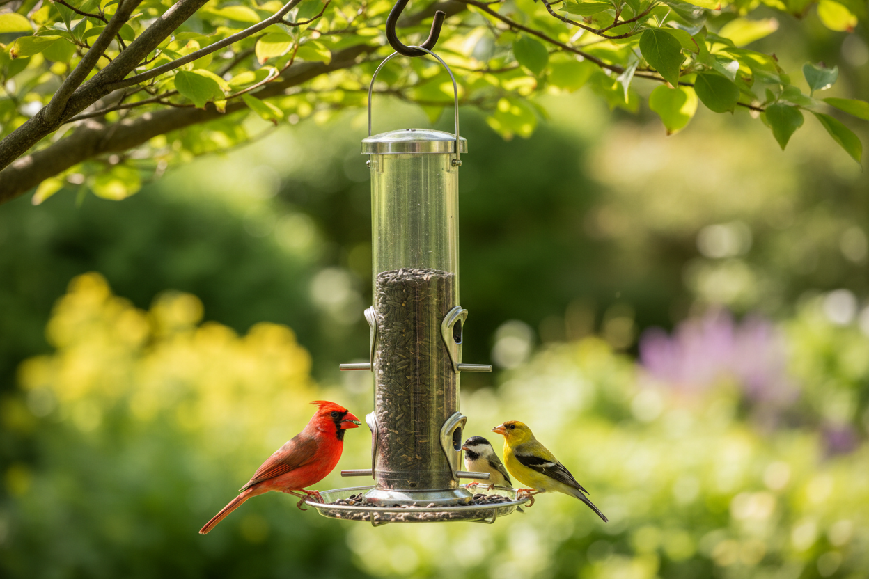A bright, realistic backyard lifestyle photo of wild birds feeding from a hanging bird feeder filled with black sunflower seeds. Several birds (such as cardinals, finches, and chickadees) are actively perched and eating. The scene is set in a sunny garden with soft green foliage and a blurred background, creating a warm, inviting outdoor atmosphere. The feeder contents show visible black sunflower seeds, with a natural “everyday bird feeding” feel. High realism, natural lighting, shallow depth of field, pro